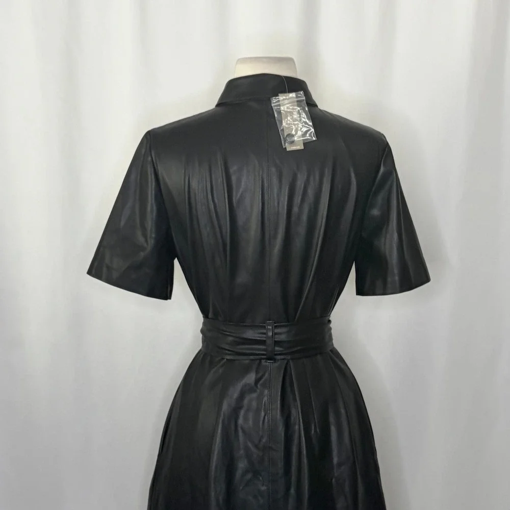 NWT!! J.‎ CREW Solid Black Button Front Faux Leather Dress Belted Vegan Small